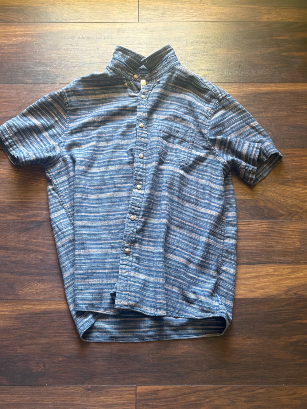 ROWM Men’s Short Sleeve Herringbone Shirt Cotton Navy Multicolor Large